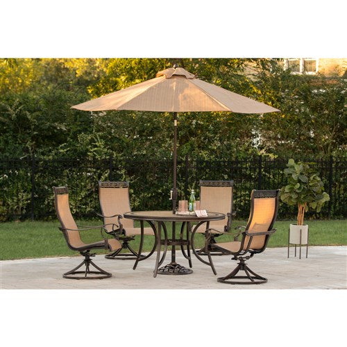 Hanover - Monaco 5pc: 4 Sling Swivel Rockers, 51" Round Tile Top Table, Umbrella - Tan Sling/Tile-United Backyard