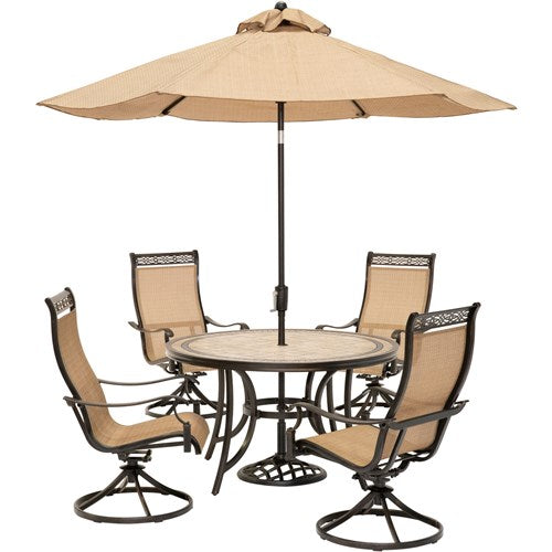 Hanover - Monaco 5pc: 4 Sling Swivel Rockers, 51" Round Tile Top Table, Umbrella - Tan Sling/Tile-United Backyard