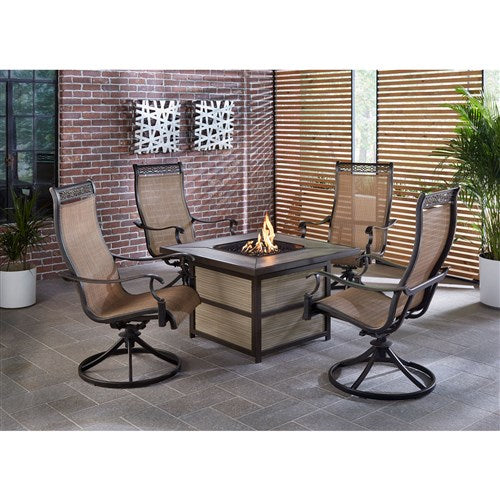 Hanover - Monaco 5pc Fire Pit: 4 Sling Swivel Rockers, Square KD Fire Pit w/Tile - Tan Sling/Tile-United Backyard