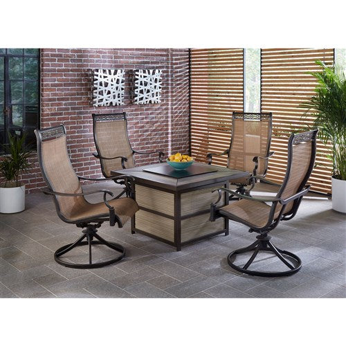 Hanover - Monaco 5pc Fire Pit: 4 Sling Swivel Rockers, Square KD Fire Pit w/Tile - Tan Sling/Tile-United Backyard