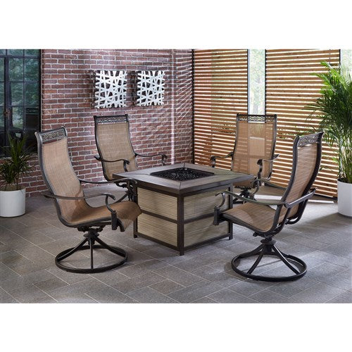 Hanover - Monaco 5pc Fire Pit: 4 Sling Swivel Rockers, Square KD Fire Pit w/Tile - Tan Sling/Tile-United Backyard