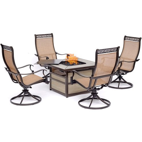 Hanover - Monaco 5pc Fire Pit: 4 Sling Swivel Rockers, Square KD Fire Pit w/Tile - Tan Sling/Tile-United Backyard