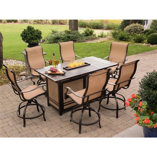 Hanover - Monaco 7PC High Dining Fire Pit: 6 Swvl Bar Chrs, 1 Fire Pit Bar Table - Tan/Bronze-United Backyard