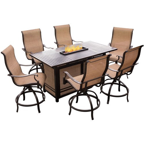 Hanover - Monaco 7PC High Dining Fire Pit: 6 Swvl Bar Chrs, 1 Fire Pit Bar Table - Tan/Bronze-United Backyard