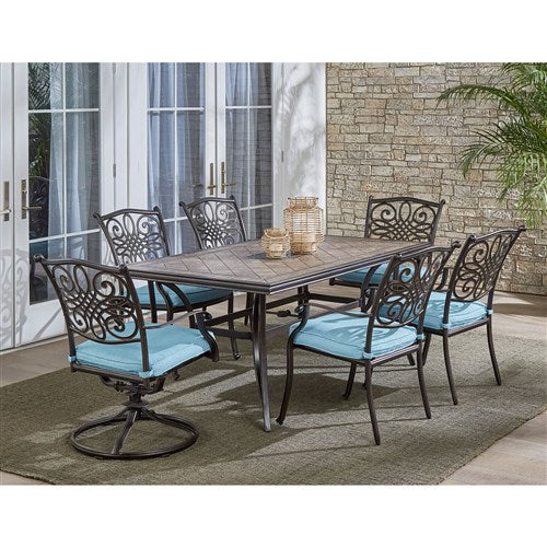 Hanover - Monaco 7pc: 4 Cush Dining Chairs, 2 Cush Swivel Chairs, 40x68" Tile Top Table - Blue/Tile-United Backyard