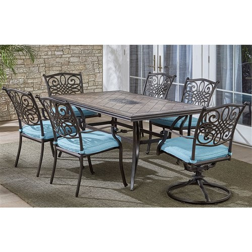 Hanover - Monaco 7pc: 4 Cush Dining Chairs, 2 Cush Swivel Chairs, 40x68" Tile Top Table - Blue/Tile-United Backyard