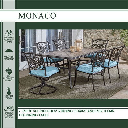 Hanover - Monaco 7pc: 4 Cush Dining Chairs, 2 Cush Swivel Chairs, 40x68" Tile Top Table - Blue/Tile-United Backyard