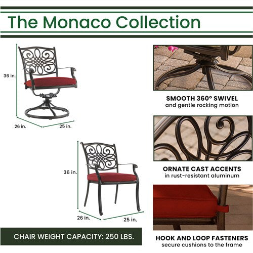 Hanover - Monaco 7pc: 4 Cush Dining Chairs, 2 Cush Swivel Chairs, 40x68" Tile Top Table - Red/Tile-United Backyard