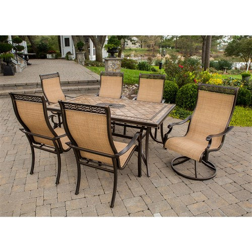 Hanover - Monaco 7pc: 4 Sling Dining Chairs, 2 Sling Swivel Rockers, 40x68" Tile Table - Tan Sling/Tile-United Backyard