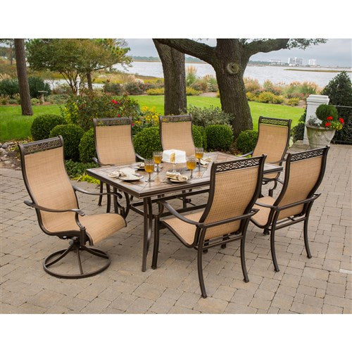 Hanover - Monaco 7pc: 4 Slng Dining Chairs, 2 Slng Swvl Rckrs, 40x68"Tile Tbl, Umb, Base - Tan Sling/Tile-United Backyard