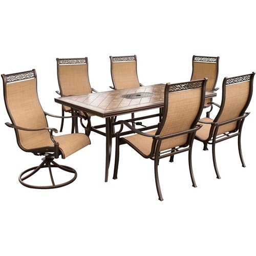 Hanover - Monaco 7pc: 4 Slng Dining Chairs, 2 Slng Swvl Rckrs, 40x68"Tile Tbl, Umb, Base - Tan Sling/Tile-United Backyard