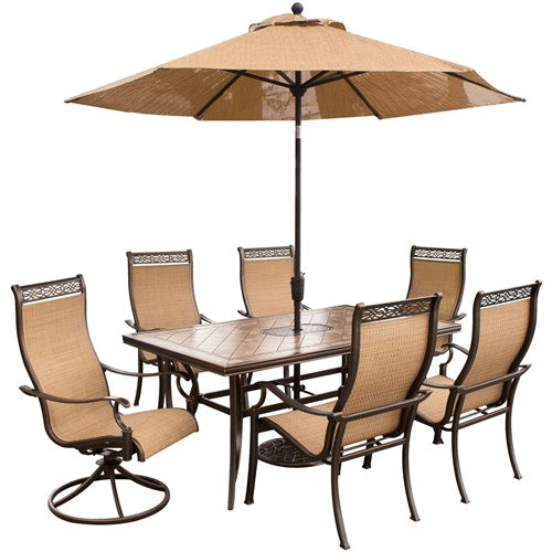 Hanover - Monaco 7pc: 4 Slng Dining Chairs, 2 Slng Swvl Rckrs, 40x68"Tile Tbl, Umb, Base - Tan Sling/Tile-United Backyard