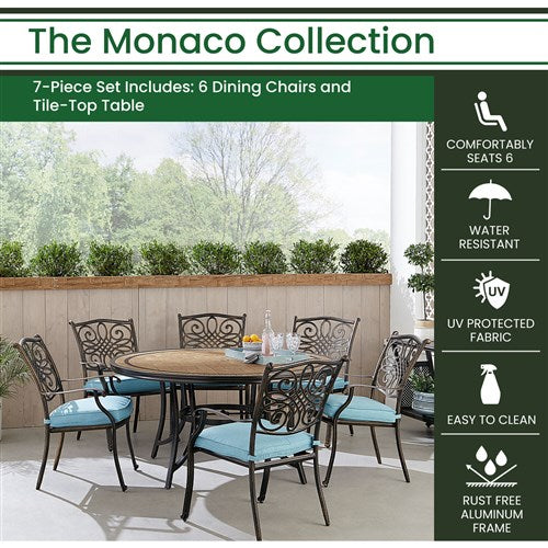 Hanover - Monaco 7pc: 6 Cush Stationary Chairs, 60" Round Tile Table - Blue/Bronze-United Backyard