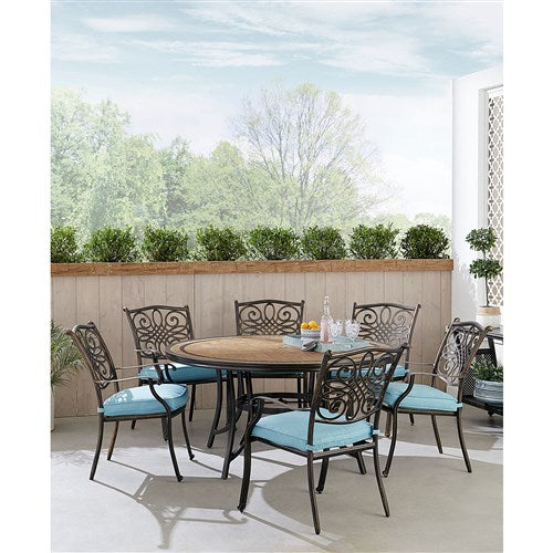 Hanover - Monaco 7pc: 6 Cush Stationary Chairs, 60" Round Tile Table - Blue/Bronze-United Backyard