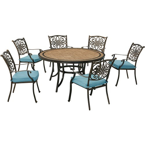 Hanover - Monaco 7pc: 6 Cush Stationary Chairs, 60" Round Tile Table - Blue/Bronze-United Backyard