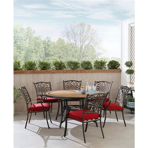 Hanover - Monaco 7pc: 6 Cush Stationary Chairs, 60" Round Tile Table - Red/Bronze-United Backyard