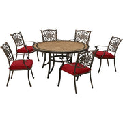 Hanover - Monaco 7pc: 6 Cush Stationary Chairs, 60" Round Tile Table - Red/Bronze-United Backyard