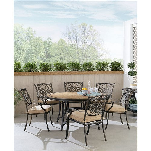 Hanover - Monaco 7pc: 6 Cush Stationary Chairs, 60" Round Tile Table - Tan/Bronze-United Backyard