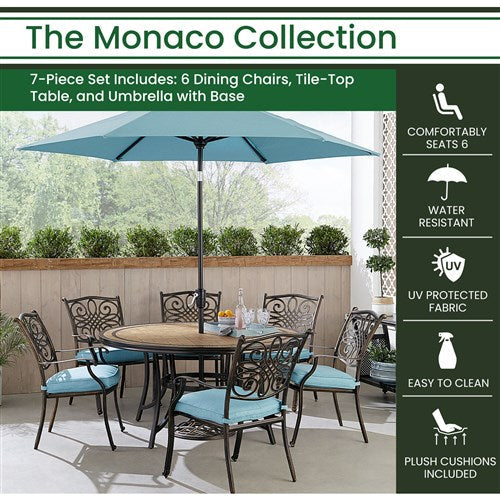 Hanover - Monaco 7pc: 6 Cush Stationary Chairs, 60" Round Tile Table, Umbrella, Base - Blue/Bronze-United Backyard