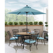 Hanover - Monaco 7pc: 6 Cush Stationary Chairs, 60" Round Tile Table, Umbrella, Base - Blue/Bronze-United Backyard