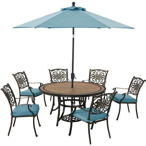 Hanover - Monaco 7pc: 6 Cush Stationary Chairs, 60" Round Tile Table, Umbrella, Base - Blue/Bronze-United Backyard