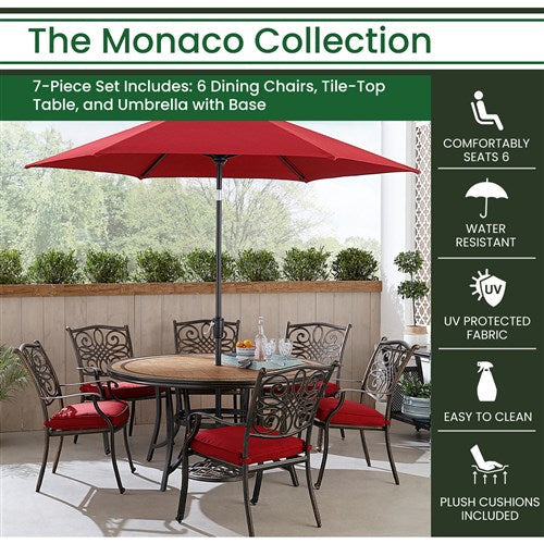 Hanover - Monaco 7pc: 6 Cush Stationary Chairs, 60" Round Tile Table, Umbrella, Base - Red/Bronze-United Backyard