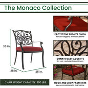 Hanover - Monaco 7pc: 6 Cush Stationary Chairs, 60" Round Tile Table, Umbrella, Base - Red/Bronze-United Backyard