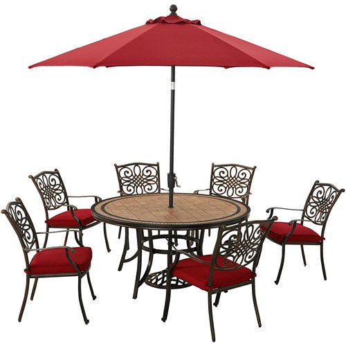 Hanover - Monaco 7pc: 6 Cush Stationary Chairs, 60" Round Tile Table, Umbrella, Base - Red/Bronze-United Backyard