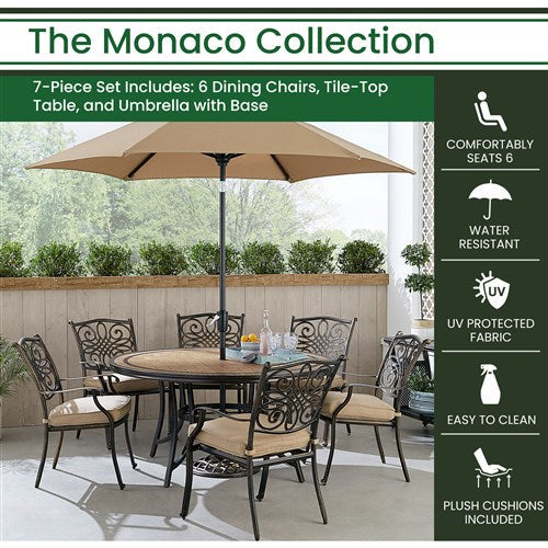 Hanover - Monaco 7pc: 6 Cush Stationary Chairs, 60" Round Tile Table, Umbrella, Base - Tan/Bronze-United Backyard