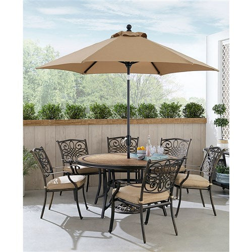 Hanover - Monaco 7pc: 6 Cush Stationary Chairs, 60" Round Tile Table, Umbrella, Base - Tan/Bronze-United Backyard