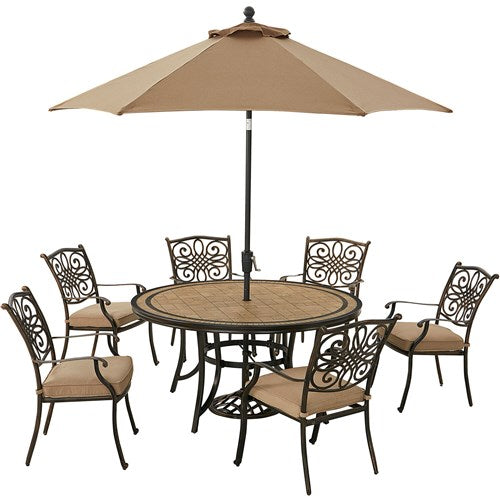 Hanover - Monaco 7pc: 6 Cush Stationary Chairs, 60" Round Tile Table, Umbrella, Base - Tan/Bronze-United Backyard