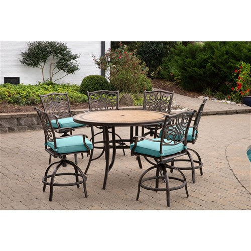 Hanover - Monaco 7pc: 6 Cush Swivel Counter Height Chairs, 56" Rnd Tile Table-United Backyard