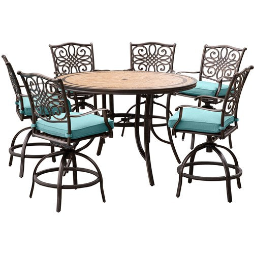 Hanover - Monaco 7pc: 6 Cush Swivel Counter Height Chairs, 56" Rnd Tile Table-United Backyard