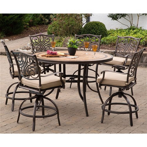 Hanover - Monaco 7pc: 6 Cush Swivel Counter Height Chairs, 56" Rnd Tile Tnbl-United Backyard