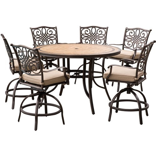 Hanover - Monaco 7pc: 6 Cush Swivel Counter Height Chairs, 56" Rnd Tile Tnbl-United Backyard