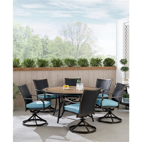 Hanover - Monaco 7pc: 6 Cush Wicker Back Swivel Rockers, 60" Round Tile Table - Blue/Bronze-United Backyard