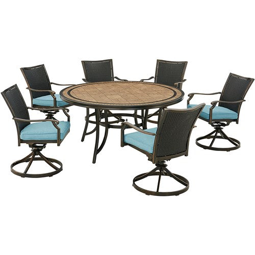 Hanover - Monaco 7pc: 6 Cush Wicker Back Swivel Rockers, 60" Round Tile Table - Blue/Bronze-United Backyard