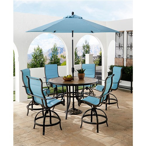 Hanover - Monaco 7pc: 6 Padded Swivel Center height Chairs, 56" Tile Table, Umbrella, Base - Blue/Bronze-United Backyard