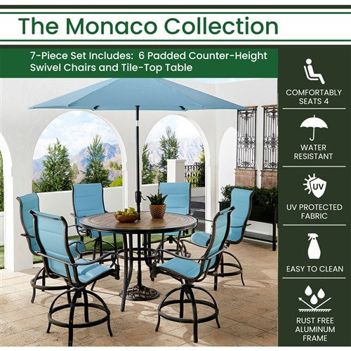 Hanover - Monaco 7pc: 6 Padded Swivel Center height Chairs, 56" Tile Table, Umbrella, Base - Blue/Bronze-United Backyard