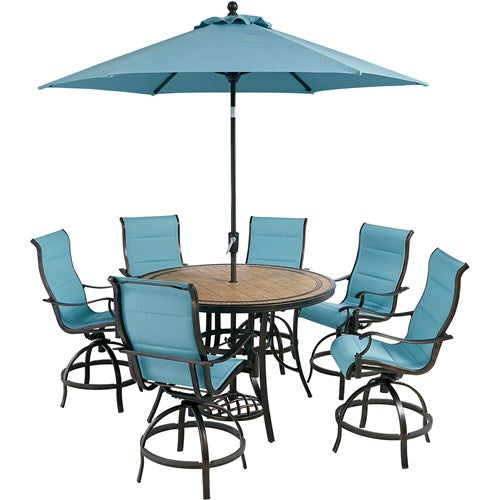 Hanover - Monaco 7pc: 6 Padded Swivel Center height Chairs, 56" Tile Table, Umbrella, Base - Blue/Bronze-United Backyard