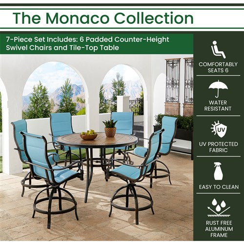 Hanover - Monaco 7pc: 6 Padded Swivel Counter Height Chairs, 56" Round Tile Table - Blue/Bronze-United Backyard