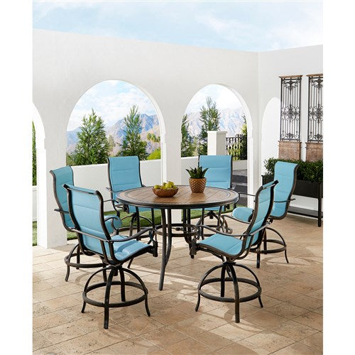 Hanover - Monaco 7pc: 6 Padded Swivel Counter Height Chairs, 56" Round Tile Table - Blue/Bronze-United Backyard