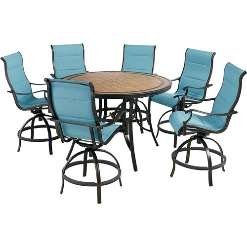 Hanover - Monaco 7pc: 6 Padded Swivel Counter Height Chairs, 56" Round Tile Table - Blue/Bronze-United Backyard