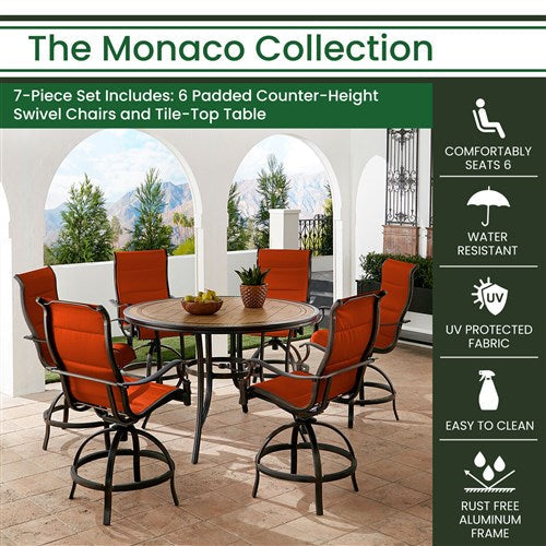 Hanover - Monaco 7pc: 6 Padded Swivel Counter Height Chairs, 56" Round Tile Table - Red/Bronze-United Backyard