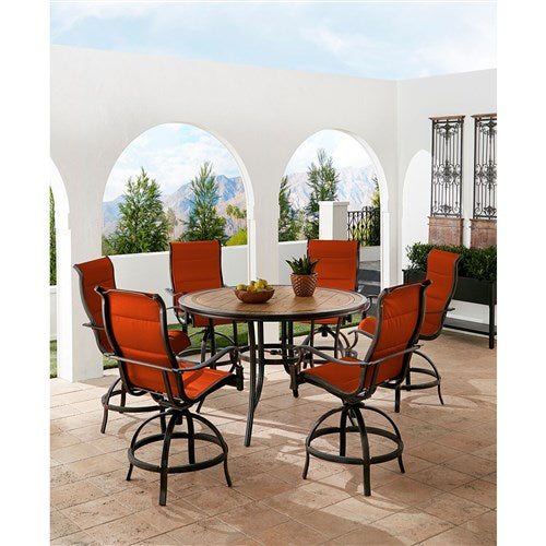Hanover - Monaco 7pc: 6 Padded Swivel Counter Height Chairs, 56" Round Tile Table - Red/Bronze-United Backyard