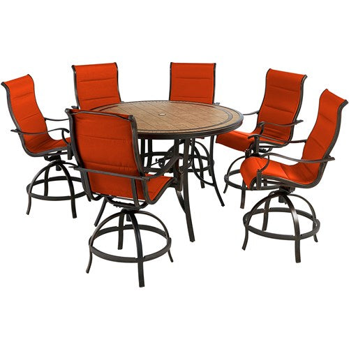 Hanover - Monaco 7pc: 6 Padded Swivel Counter Height Chairs, 56" Round Tile Table - Red/Bronze-United Backyard