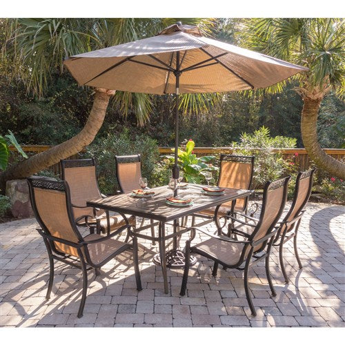 Hanover - Monaco 7pc: 6 Sling Dining Chairs, 40x68" Tile Top Table, Umbrella, Base - Tan Sling/Tile-United Backyard