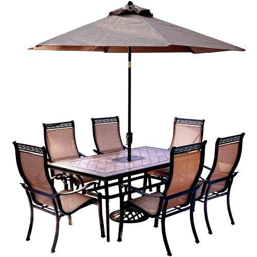 Hanover - Monaco 7pc: 6 Sling Dining Chairs, 40x68" Tile Top Table, Umbrella, Base - Tan Sling/Tile-United Backyard