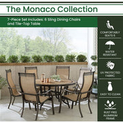 Hanover - Monaco 7pc: 6 Sling Dining Chairs, 60" Round Tile Table - Tan/Bronze-United Backyard