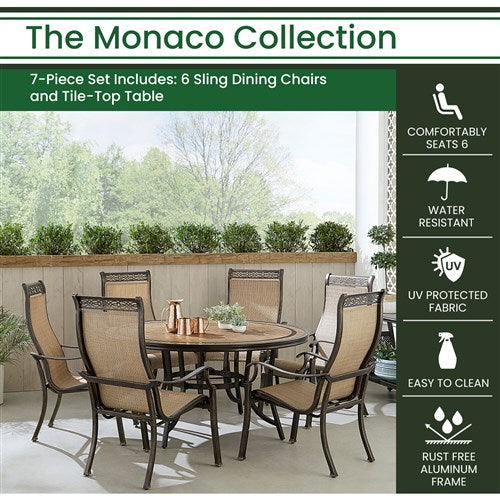 Hanover - Monaco 7pc: 6 Sling Dining Chairs, 60" Round Tile Table - Tan/Bronze-United Backyard